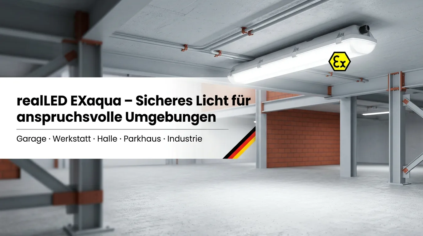 realLED EXaqua ATEX-Leuchte installiert in einer Industrie- und Lagerhalle mit Stahlträgern