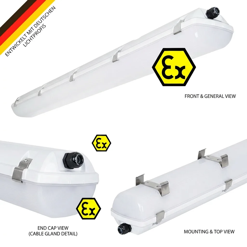 realLED EXaqua ATEX Feuchtraumleuchte aus mehreren Perspektiven mit robustem Polycarbonat-Gehäuse